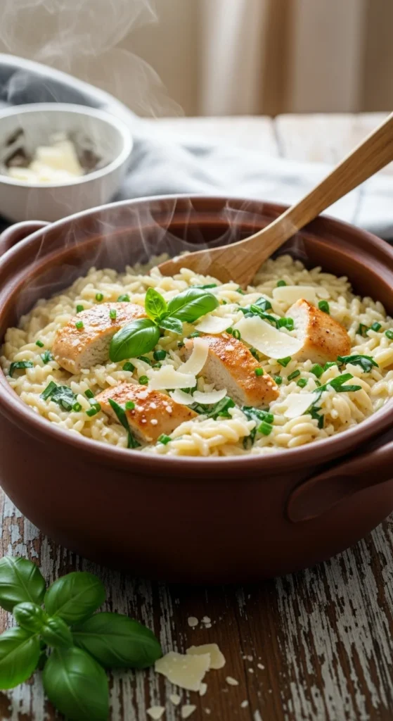 One-Pot Chicken Alfredo Orzo
