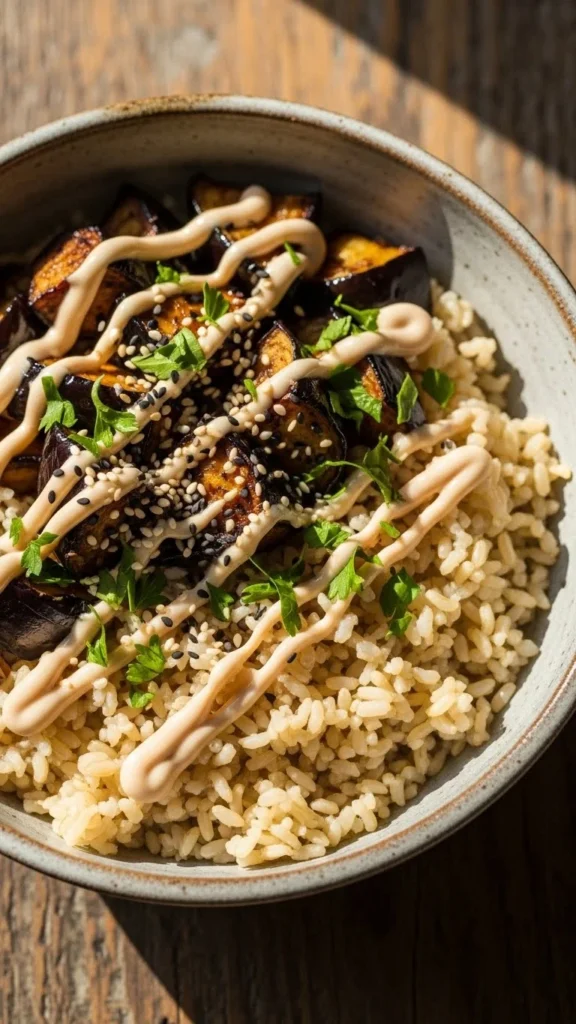 Brown Rice Bowl with Roasted Eggplant & Tahini