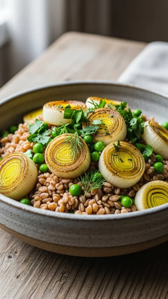 Farro Bowl with Roasted Leeks & Peas