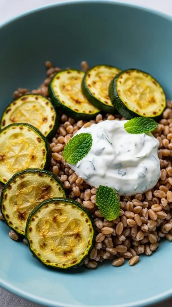 Farro Bowl with Roasted Zucchini & Herb Yogurt