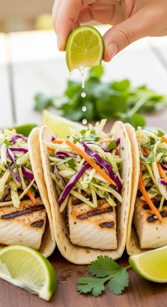 Grilled Fish Tacos with Cilantro Lime Slaw
