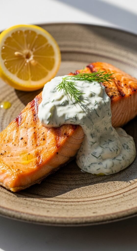 Creamy Dill Yogurt Sauce with Grilled Salmon