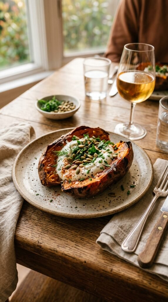 Baked Sweet Potato with Yogurt and Herbs