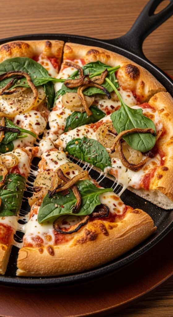 Skillet Caramelized Onion and Spinach Pizza