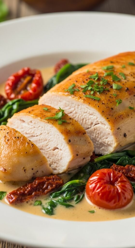 Skillet Chicken with Sun-Dried Tomatoes and Spinach