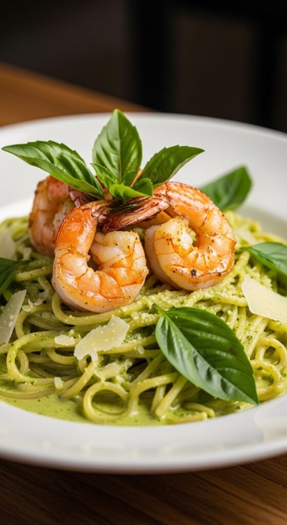 Shrimp with Creamy Pesto Pasta